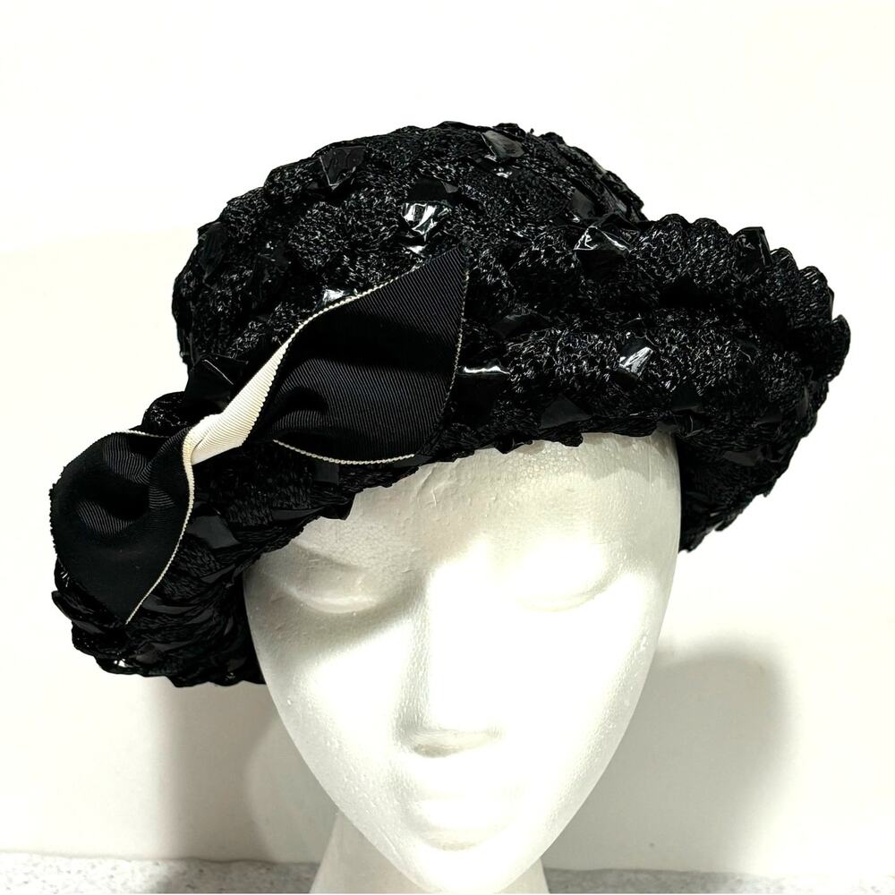 Ladies black straw fedora hat woven white hatband trim bow dressy mid century